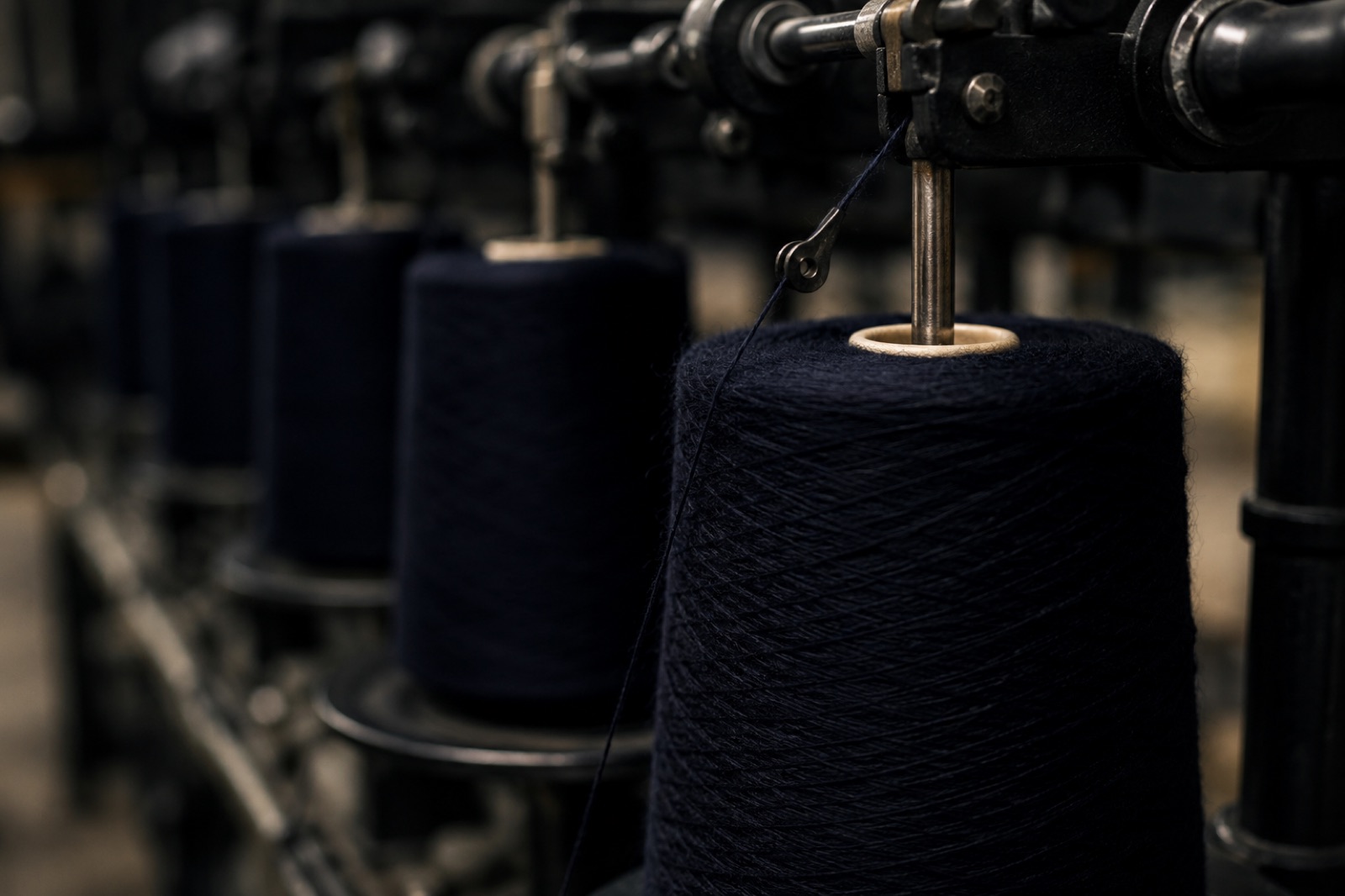 Cones of navy cashmere yarn on a spinning frame